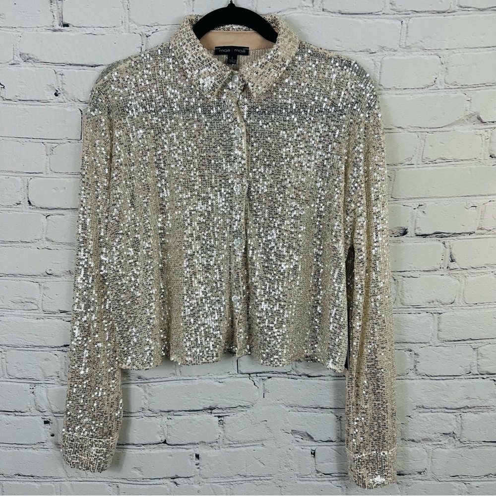 MOA MOA SEQUINS (SILVER) BUTTON DOWN LONG SLEEVE (NWTS) BLOUSE SIZE (L)